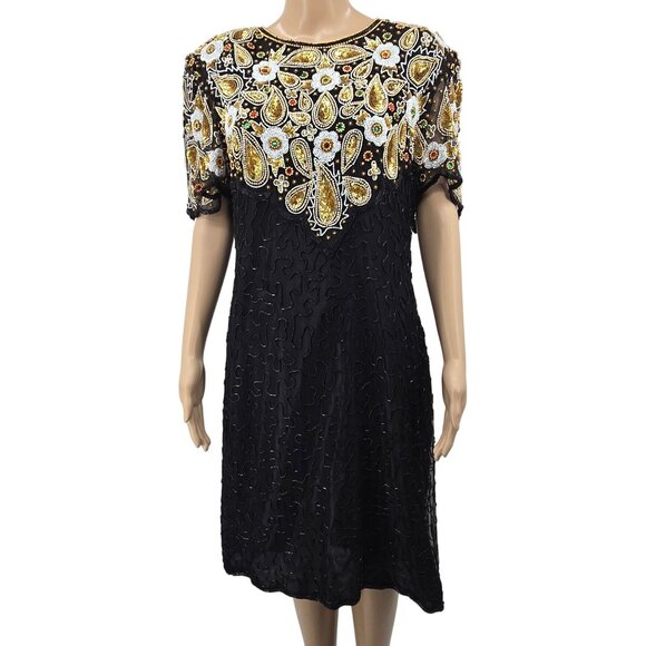 Vintage Swee Lo Silk Beaded Dress With Ornate Floral Design & Sequins - Picture 9 of 9